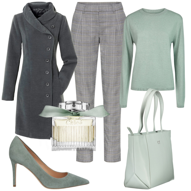 Outfit donna - In ufficio. Stile Casual chic per Ufficio. Abbinamento con cappotti, pantaloni, décolleté, profumi, maglieria, borse a spalla.