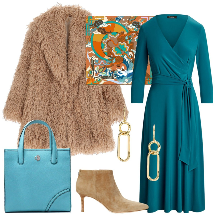 Outfit donna - Total look #2028933. Stile Casual chic per Tutti i giorni. Abbinamento con ecopellicce, vestiti, orecchini, stivaletti, foulard, shopping bag.