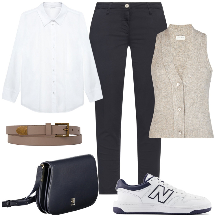 Outfit donna - Pratica. Stile Casual per Tutti i giorni. Abbinamento con pantaloni, sneakers, cinture, maglieria, borse a tracolla, camicie.