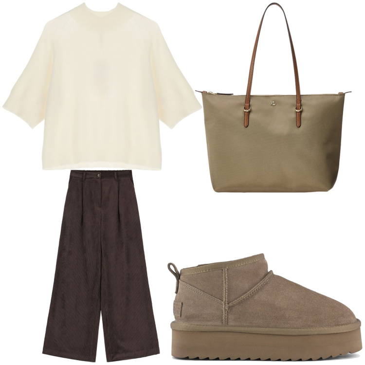 Outfit donna - Aperitivo. Stile Trendy per Tutti i giorni. Abbinamento con maglieria, pantaloni a palazzo, borse tote, stivaletti.