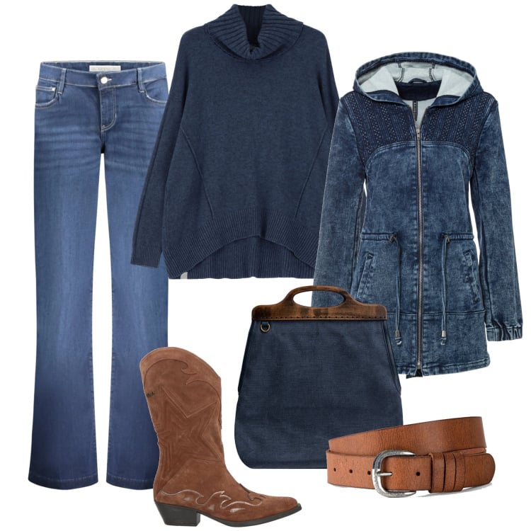Outfit donna - Texani, maglia over, parka denim. Stile Casual per Tutti i giorni. Abbinamento con parka, cinture, stivali, maglieria, pantaloni a palazzo, borse a tracolla.