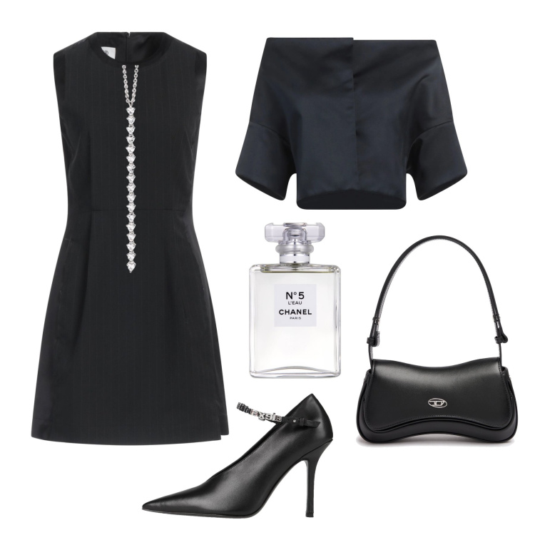 Outfit donna - Nero minimal chic. Stile Chic per Serata fuori. Abbinamento con vestiti corti, décolleté, blazer, profumi, ciondoli, borse a spalla.
