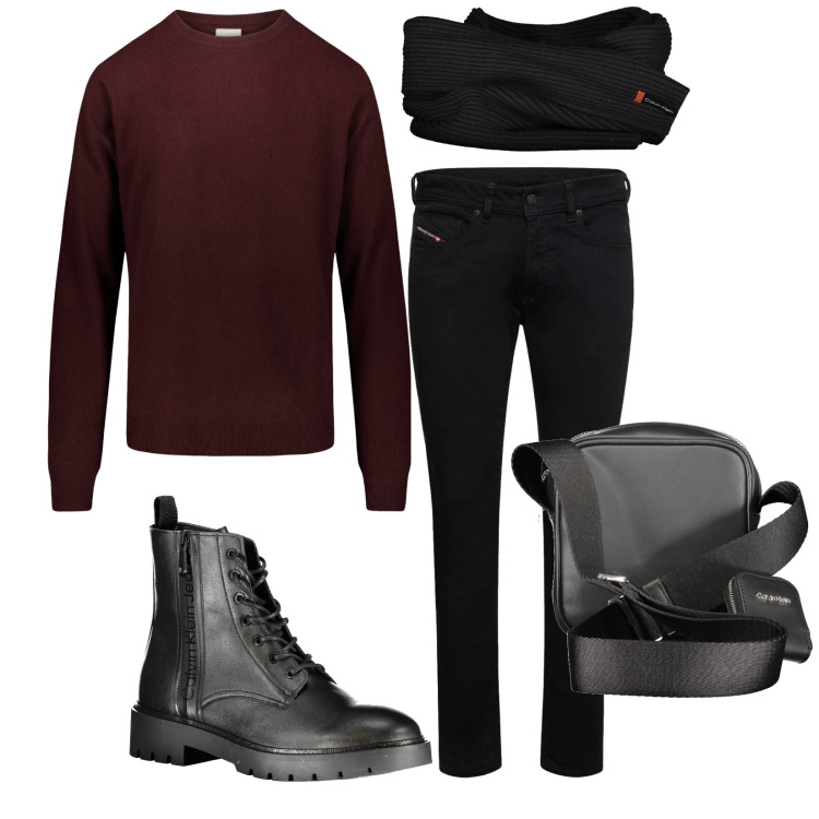 Outfit uomo - Tutto ok. Stile Casual per Tutti i giorni. Abbinamento con maglieria, jeans skinny, stivali, portamonete, sciarpe.