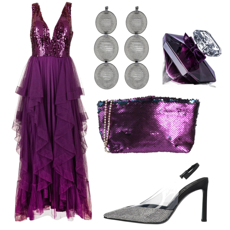Outfit donna - Una notte unica. Stile Glamour per Serata fuori. Abbinamento con borse a mano, décolleté, profumi, vestiti lunghi, orecchini.