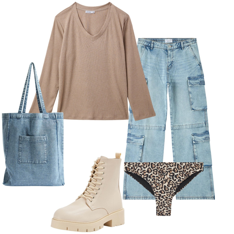 Outfit donna - W i saldi. Stile Casual chic per Tutti i giorni. Abbinamento con culotte, anfibi, jeans, shopping bag, t-shirt.