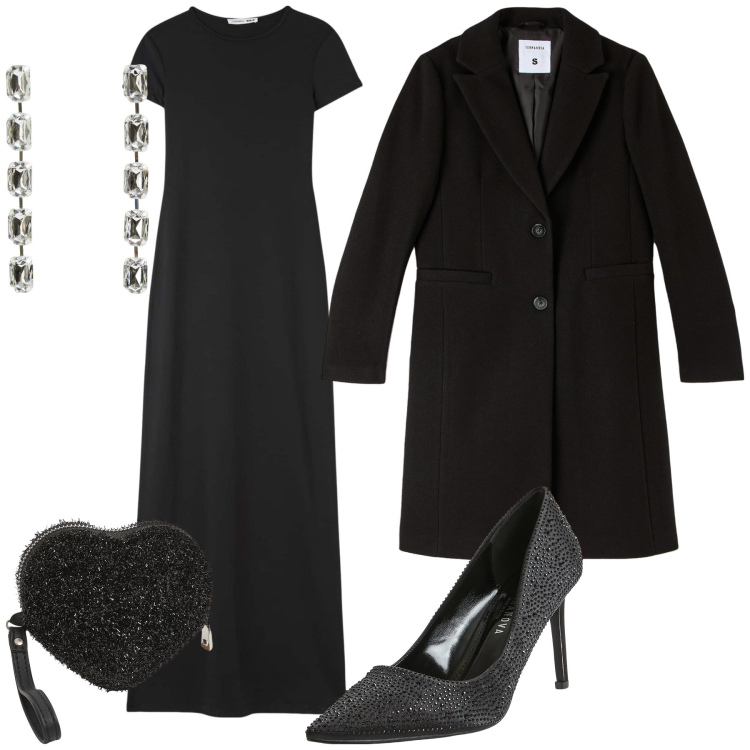 Outfit donna - Brillante nero. Stile Glamour per Serata fuori. Abbinamento con vestiti lunghi, cappotti, portafogli, décolleté, orecchini.