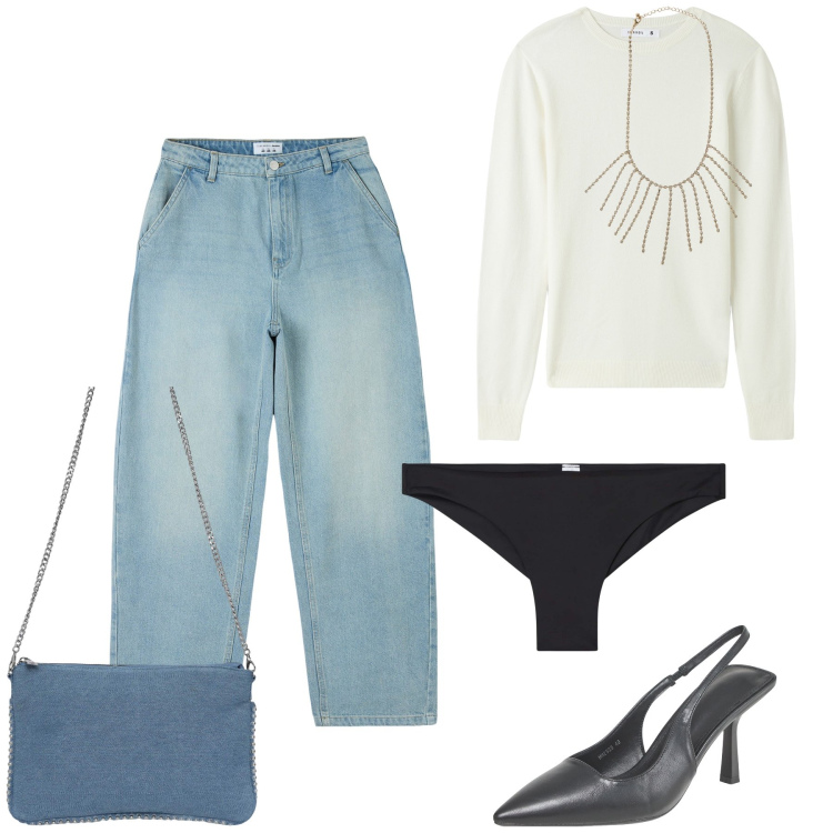 Outfit donna - Jeans balloon per l aperitivo. Stile Trendy per Serata fuori. Abbinamento con jeans, culotte, borse a tracolla, collane, maglieria, décolleté.