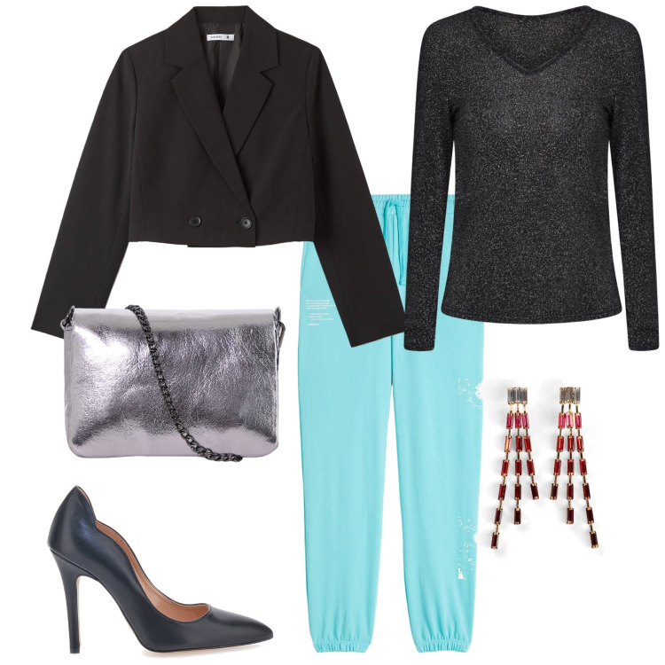 Outfit donna - Pantaloni da tuta da sera. Stile Glamour per Serata fuori. Abbinamento con orecchini, blazer, maglieria, pantaloni, pochette, décolleté.