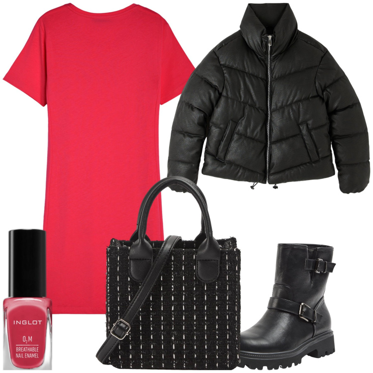 Outfit donna - Rosso di giorno per San Silvestro. Stile Trendy per Tutti i giorni. Abbinamento con smalti, stivaletti, piumini, shopping bag, vestiti.