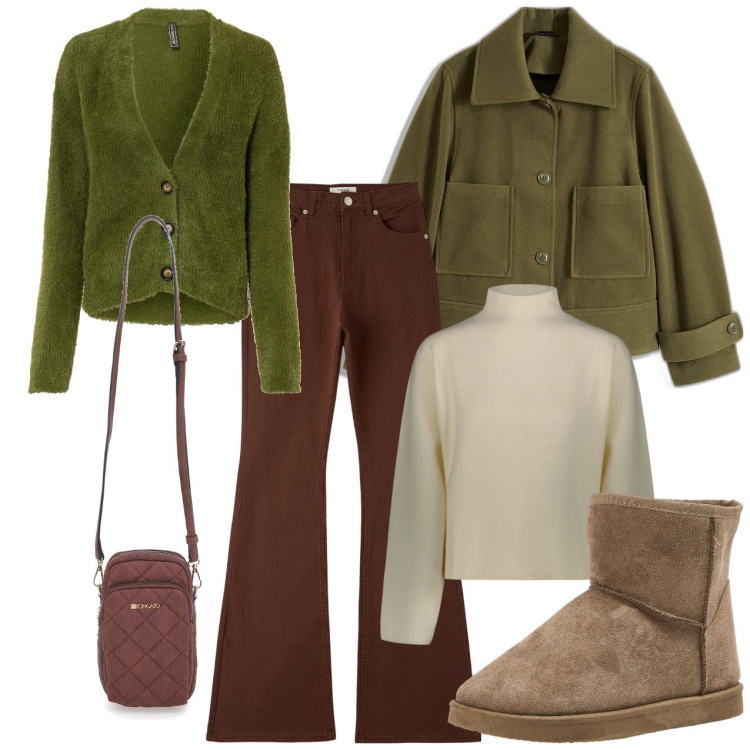 Outfit donna - Giacca verde oliva scuro. Stile Casual per Tutti i giorni. Abbinamento con cardigans, blazer, pantaloni, stivaletti, maglieria, borse a tracolla.