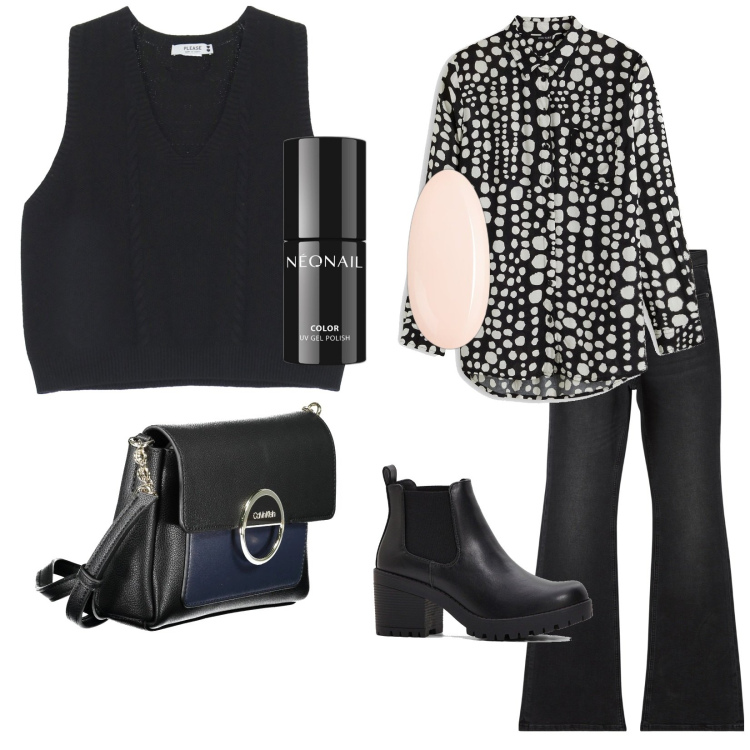 Outfit donna - Total look #2029033. Stile Trendy per Tutti i giorni. Abbinamento con stivaletti chelsea, camicie, smalti, jeans a zampa, gilet, borse a tracolla.