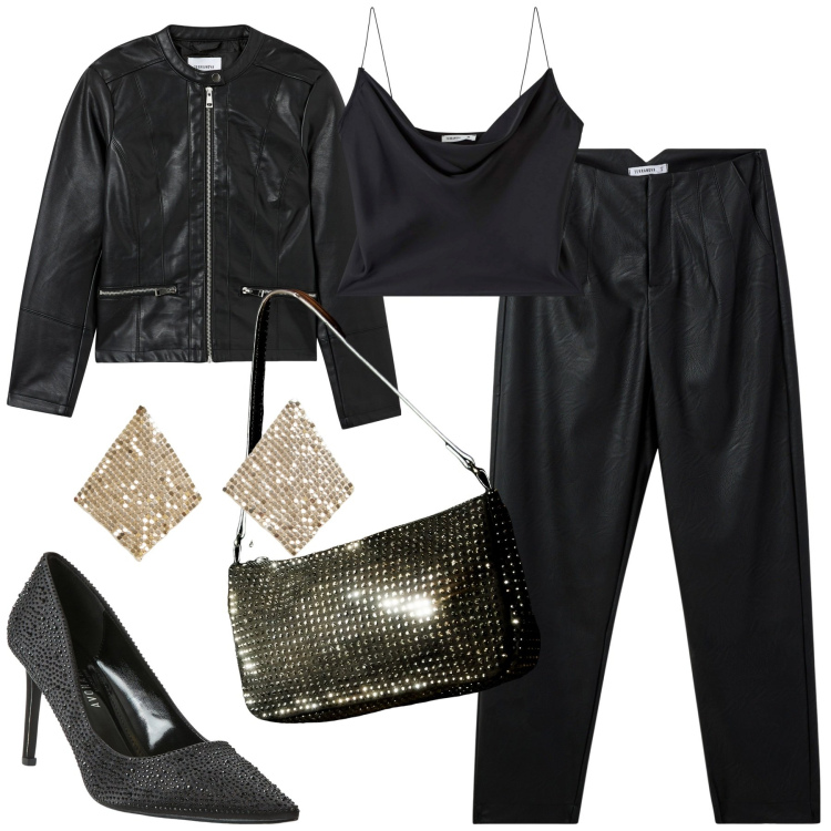 Outfit donna - Serata. Stile Trendy per Serata fuori. Abbinamento con pantaloni chino, décolleté, orecchini, borse a spalla, top, blazer.