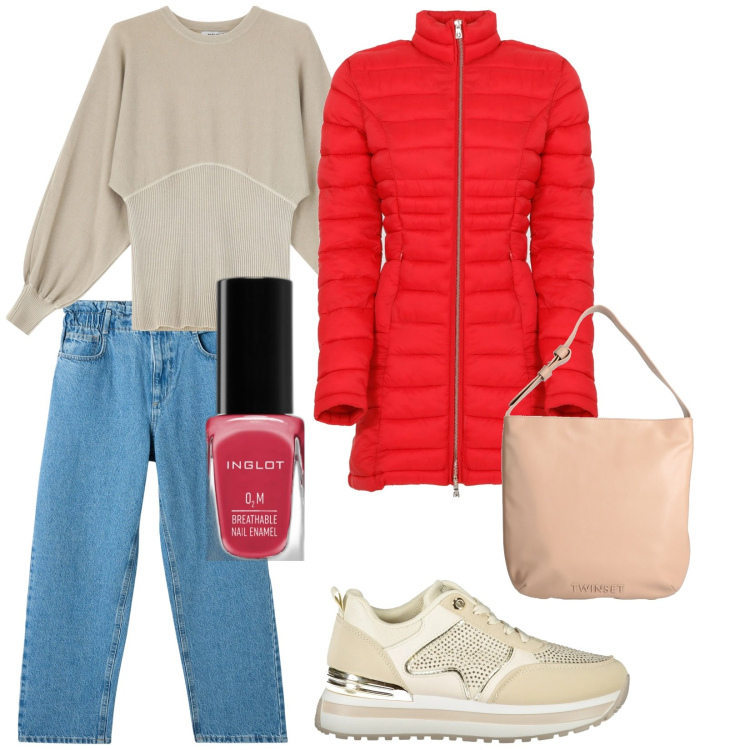 Outfit donna - Total look #2029035. Stile Casual per Tutti i giorni. Abbinamento con borse a spalla, smalti, jeans, maglieria, piumini, sneakers.