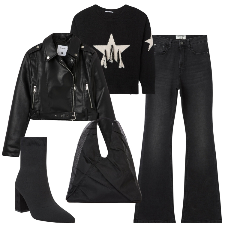 Outfit donna - Un po\' rovk. Stile Rock per Serata fuori. Abbinamento con maglieria, jeans a zampa, giacche, stivaletti, shopping bag.