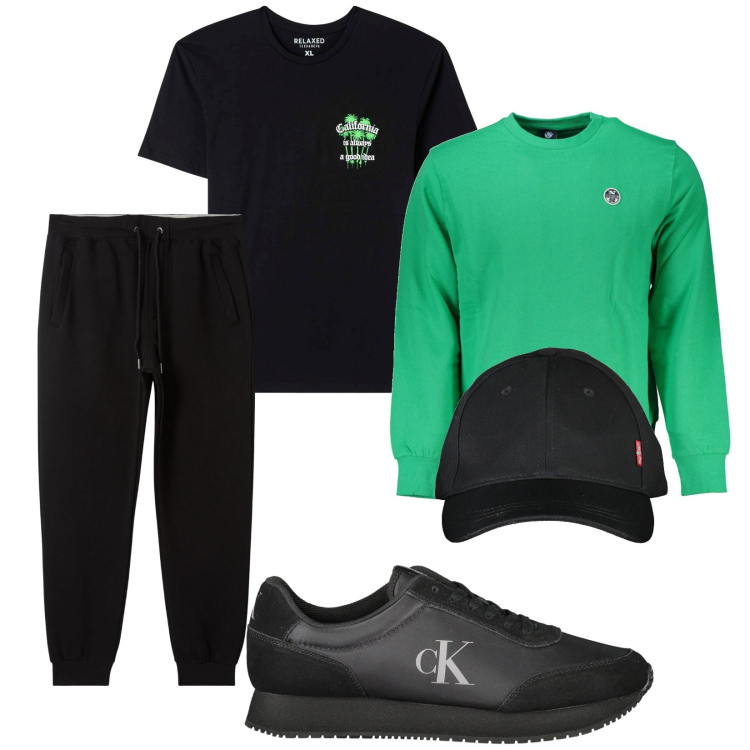 Outfit uomo - Total look #2029038. Stile Casual per Tutti i giorni. Abbinamento con t-shirt, pantaloni, felpe, cappelli con visiera, sneakers.