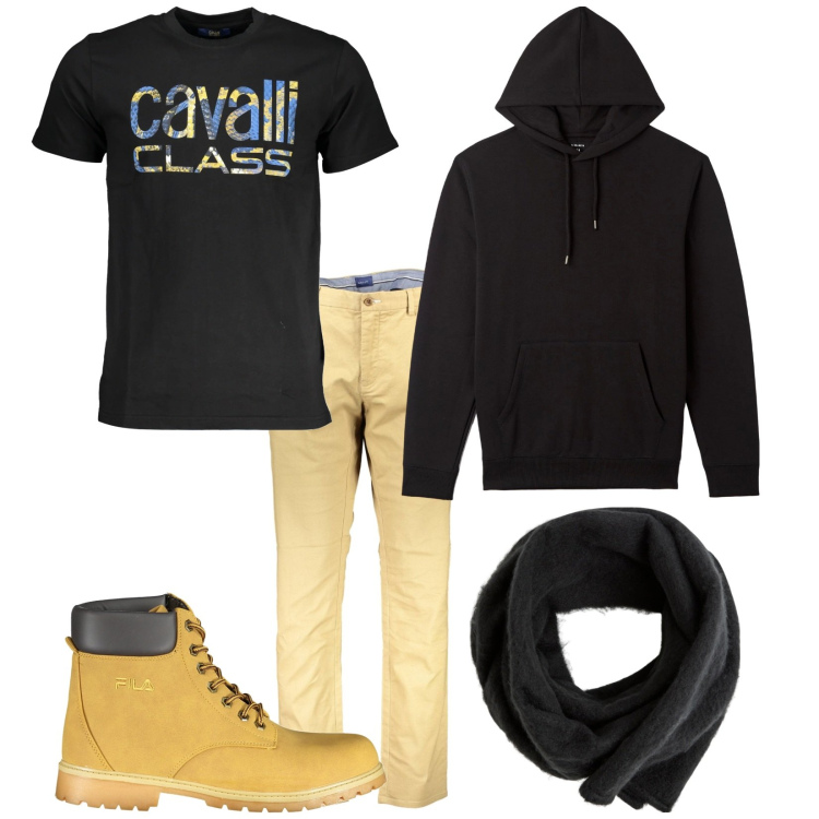 Outfit uomo - Total look #2029039. Stile Casual per Tutti i giorni. Abbinamento con sciarpe e foulard, felpe con cappuccio, pantaloni, stivali, t-shirt.
