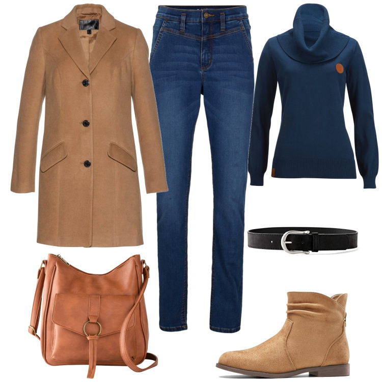 Outfit donna - Bonprix tendenze in denim. Stile Casual per Tutti i giorni. Abbinamento con maglieria, borse a tracolla, cinture, cappotti, jeans skinny, stivaletti.
