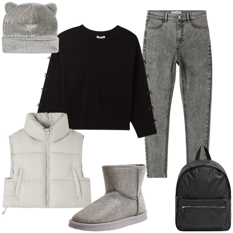 Outfit donna - Sfumature di grigio. Stile Casual per Tutti i giorni. Abbinamento con felpe, stivali, berretti, jeggings, zaini, piumini.