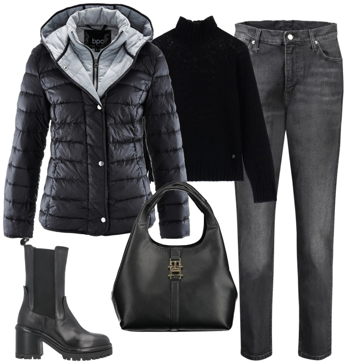 Outfit donna - City. Stile Urban per Tutti i giorni. Abbinamento con piumini, stivaletti chelsea, maglieria, borse a tracolla, jeans mom.