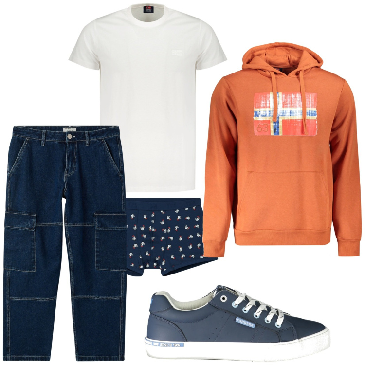 Outfit uomo - Total look #2029063. Stile Urban per Tutti i giorni. Abbinamento con jeans, boxer, t-shirt, sneakers, felpe con cappuccio.