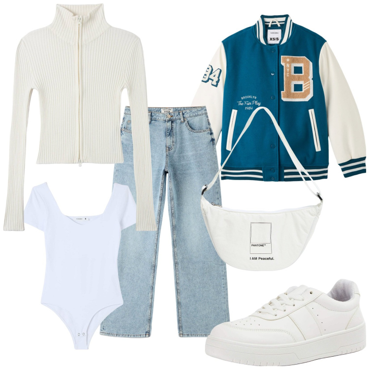 Outfit donna - Approfitto dei saldi. Stile Casual per Tutti i giorni. Abbinamento con body, marsupi, bomber, sneakers, maglieria, jeans.