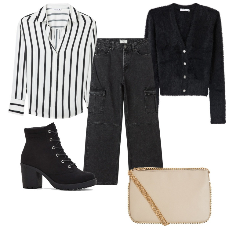 Outfit donna - Total look #2029074. Stile Trendy per Tutti i giorni. Abbinamento con stivaletti, borse a tracolla, camicie, cardigans, jeans dritti.