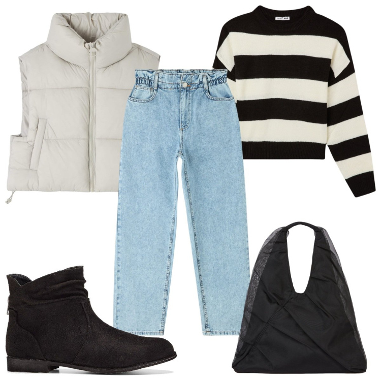 Outfit donna - Total look #2029089. Stile Trendy per Tutti i giorni. Abbinamento con stivaletti, jeans, piumini, maglieria, shopping bag.