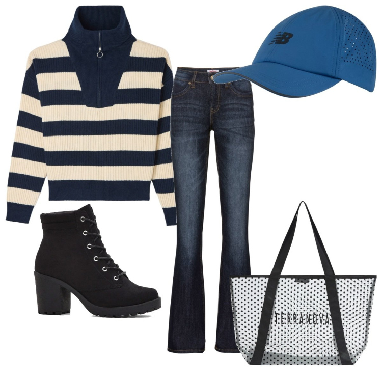 Outfit donna - Total look #2029100. Stile Trendy per Tutti i giorni. Abbinamento con jeans bootcut, stivaletti, maglieria, shopping bag, cappelli.