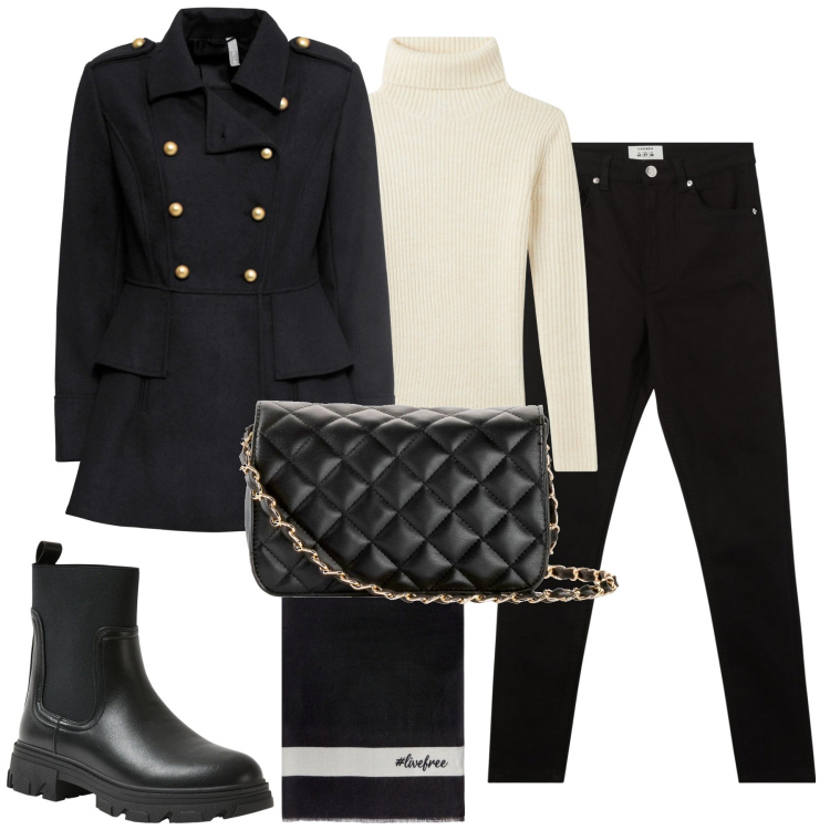 Outfit donna - City. Stile Casual chic per Tutti i giorni. Abbinamento con borse a tracolla, cappotti, pantaloni skinny, maglieria, stivaletti chelsea, sciarpe.