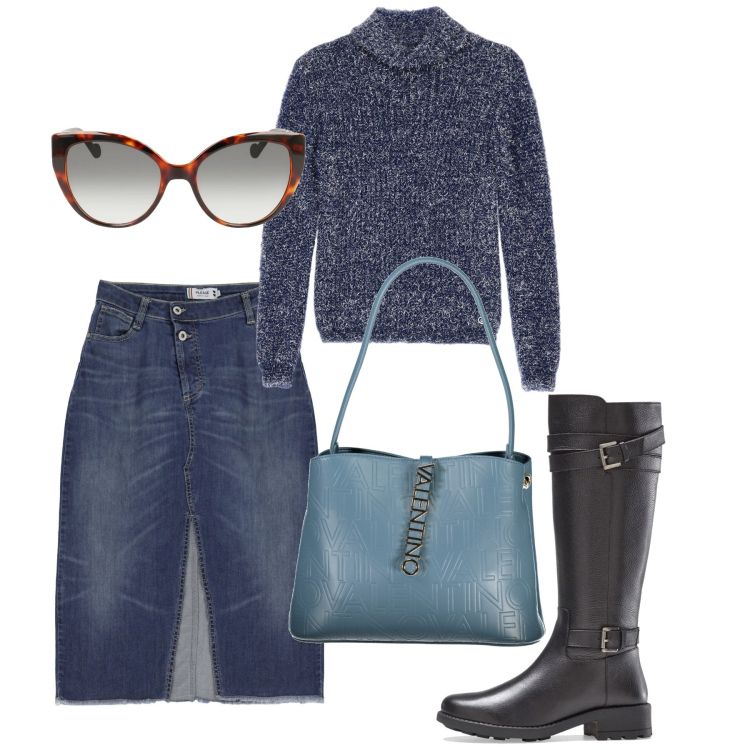 Outfit donna - City. Stile Bon Ton per Ufficio. Abbinamento con stivali, gonne, maglieria, borse a spalla, occhiali da sole.