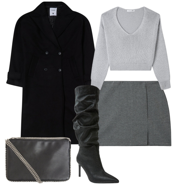 Outfit donna - City. Stile Trendy per Tutti i giorni. Abbinamento con borse a tracolla, maglieria, minigonne, stivali, cappotti.