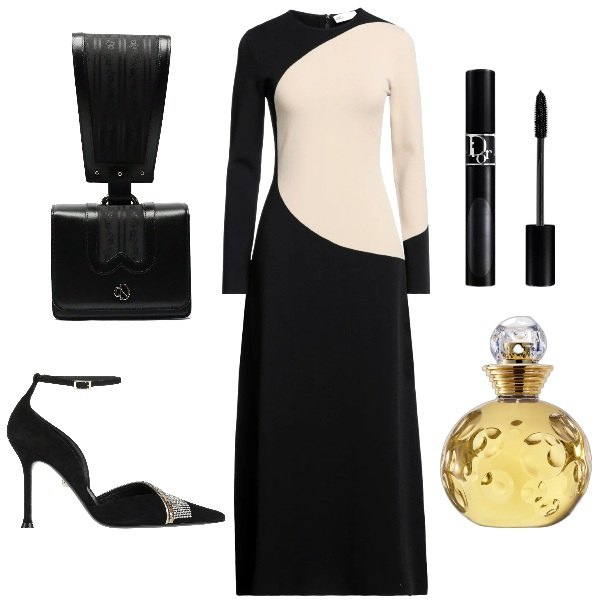 Outfit donna - Serata design innovativo. Stile Glamour per Serata fuori. Abbinamento con vestiti lunghi, décolleté, profumi, mascara, borse a mano.