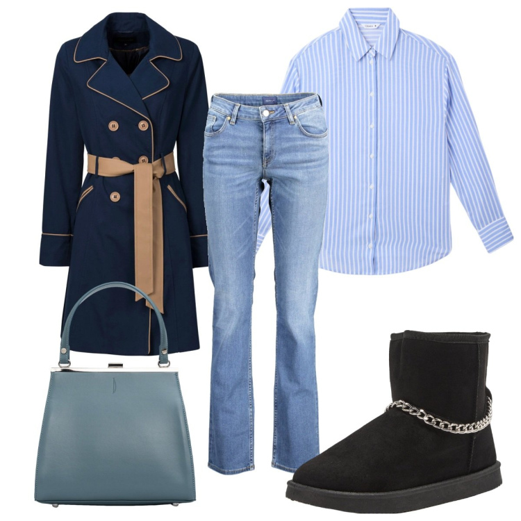 Outfit donna - Total look #2029164. Stile Trendy per Tutti i giorni. Abbinamento con trench, camicie, stivaletti, clutch, jeans.