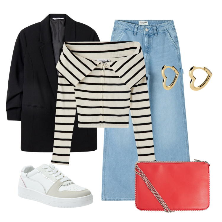 Outfit donna - Al bar con le amiche. Stile Casual per Tutti i giorni. Abbinamento con borse a tracolla, blazer, jeans, sneakers, cardigans, orecchini.