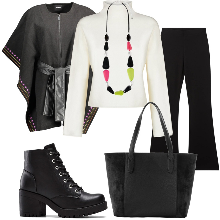 Outfit donna - Quel tocco di colore. Stile Glamour per Tutti i giorni. Abbinamento con shopping bag, stivaletti, pantaloni, cardigans, cappotti, collane.