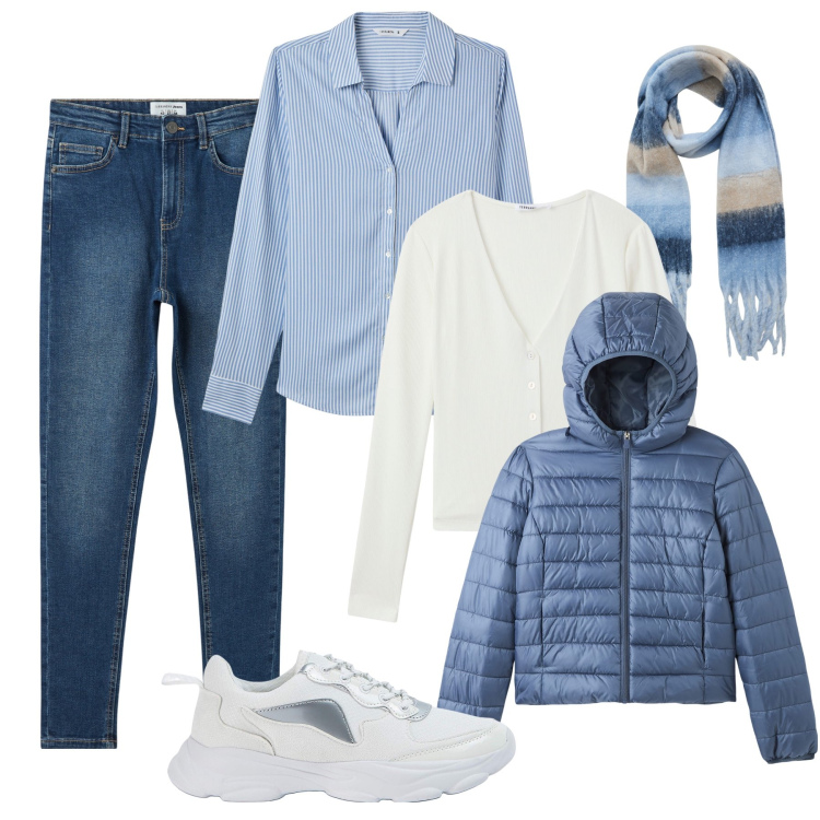 Outfit donna - Comoda dopo le feste. Stile Casual per Tutti i giorni. Abbinamento con sciarpe, camicie, jeans skinny, blazer, cardigans, sneakers.