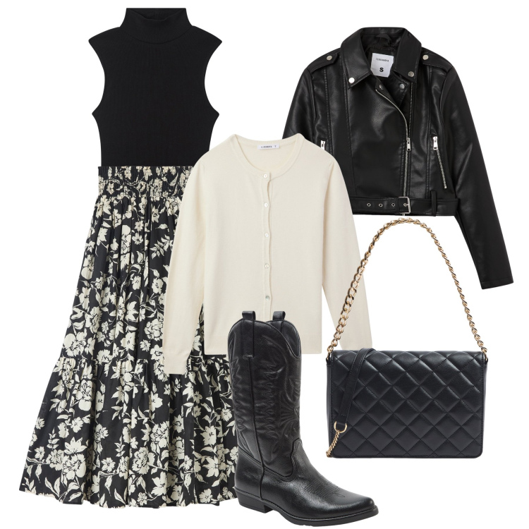 Outfit donna - Mix & Match Terranova. Stile Trendy per Tutti i giorni. Abbinamento con gonne lunghe, cardigans, top, stivali, giacche, borse a tracolla.