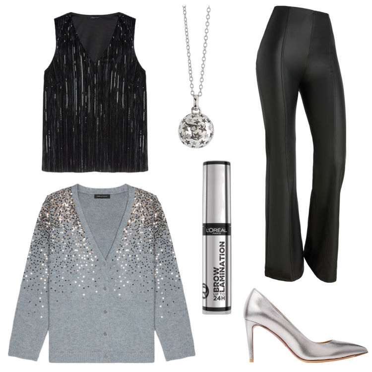 Outfit donna - Il cardigan con le paillettes. Stile Glamour per Serata fuori. Abbinamento con mascara, ciondoli, pantaloni, décolleté, top, cardigans.