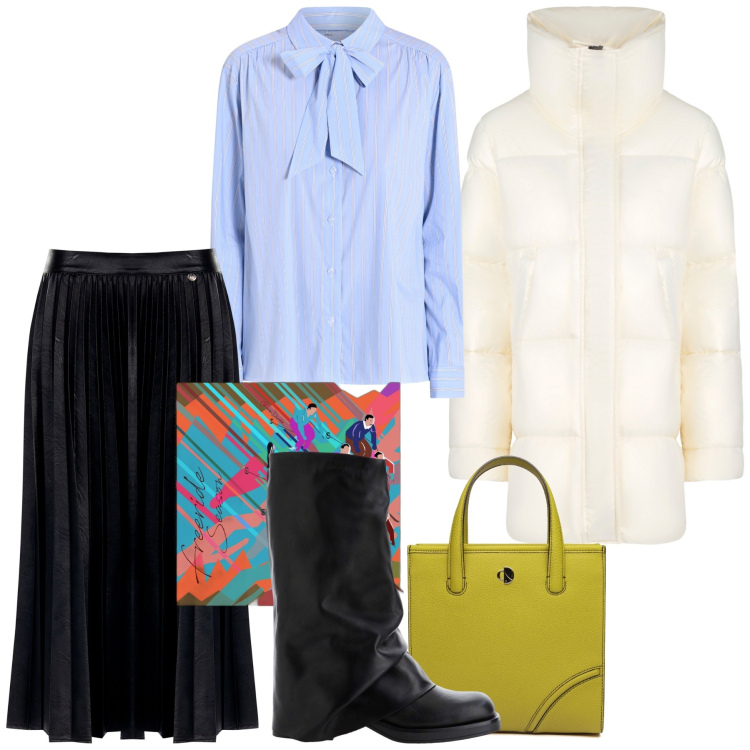 Outfit donna - Un nuovo anno, un nuovo stile. Stile Chic per Ufficio. Abbinamento con gonne longuette, camicie, stivali, blazer, foulard, shopping bag.