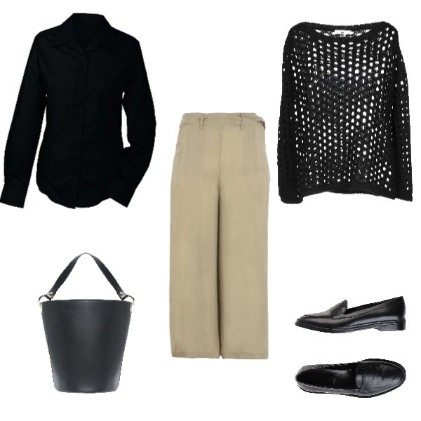 Outfit donna - Urban #9313. Stile Urban per Ufficio. Abbinamento con mantella lavorato a maglia collo tondo a maniche lunghe interno sfoderato tinta unita, pantalone capri in cupro, camicia nero, mocassini, borsa a mano secchiello in pelle.