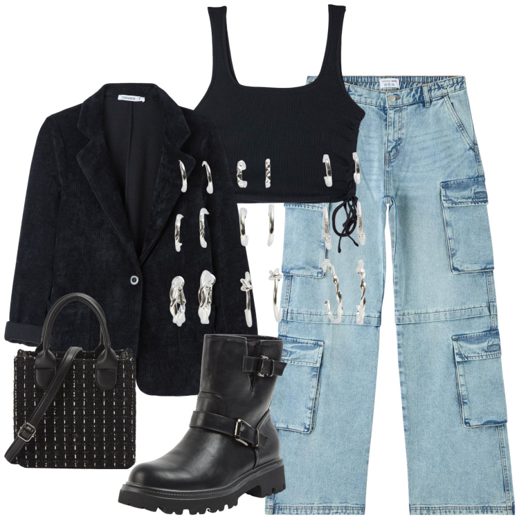 Outfit donna - Terranova speciale saldi. Stile Casual per Tutti i giorni. Abbinamento con canottiere, orecchini, jeans, stivaletti, shopping bag, blazer.