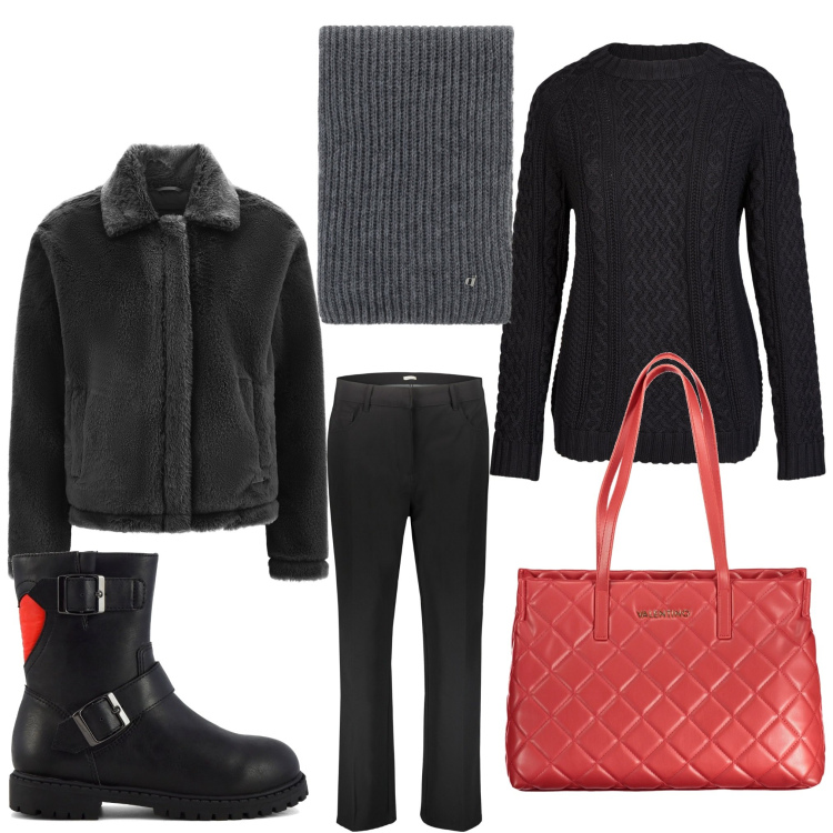 Outfit donna - Al calduccio. Stile Casual per Tutti i giorni. Abbinamento con cappotti, sciarpe, pantaloni, maglieria, stivaletti, borse a spalla.