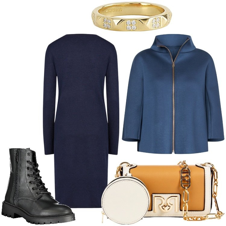 Outfit donna - Bella. Stile Casual chic per Tutti i giorni. Abbinamento con anelli, cappe, pochette, vestiti midi/longuette, stivali.