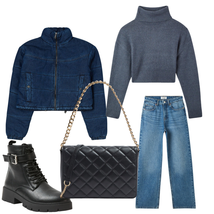 Outfit donna - Semplicita´. Stile Casual per Tutti i giorni. Abbinamento con blazer, jeans, maglieria, borse a tracolla, anfibi.