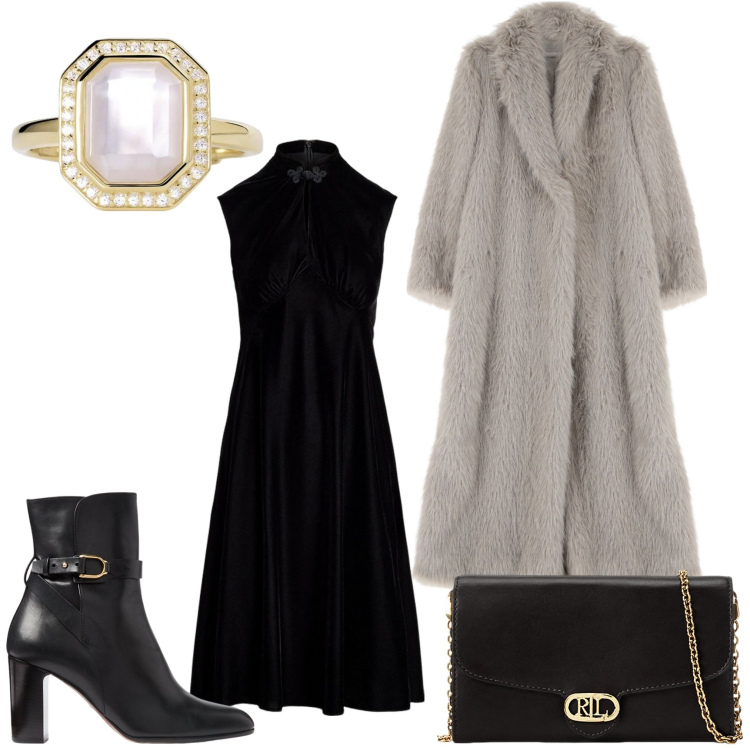 Outfit donna - Bellissima. Stile Chic per Serata fuori. Abbinamento con anelli, ecopellicce, borse a tracolla, stivaletti, vestiti.