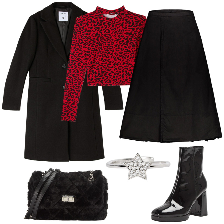 Outfit donna - Total look #2029235. Stile Glamour per Serata fuori. Abbinamento con t-shirt, stivaletti, cappotti, borse a spalla, anelli, gonne lunghe.