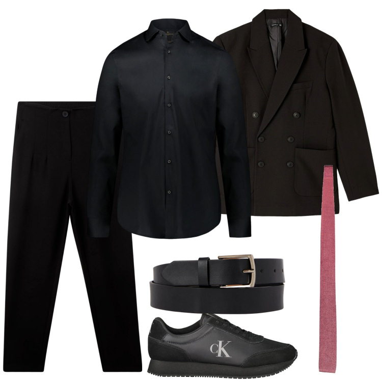 Outfit uomo - Tutto nero, tranne la cravatta. Stile Business/Elegante per Serata speciale. Abbinamento con pantaloni chino, giacche, camicie, cravatte, cinture, sneakers.