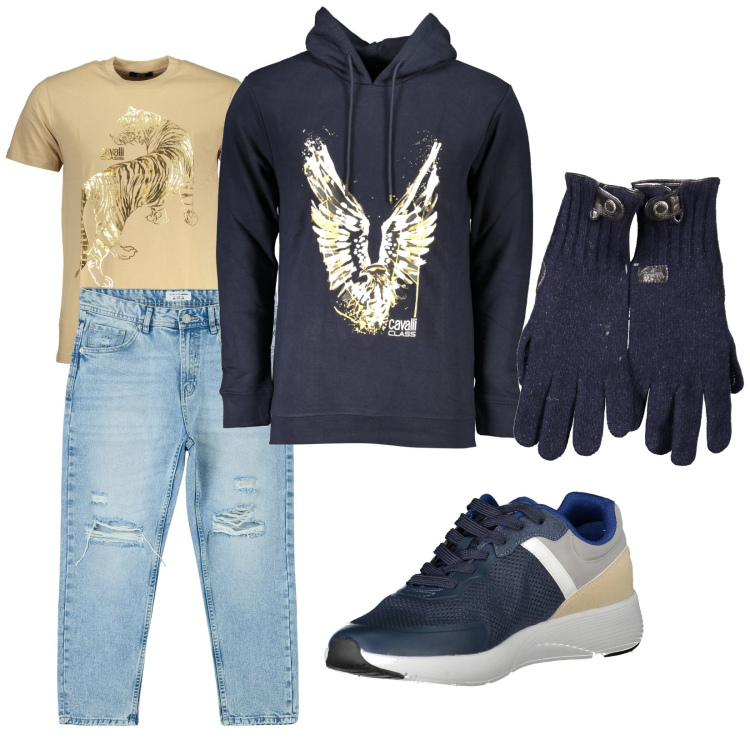 Outfit uomo - Total look #2029243. Stile Urban per Tutti i giorni. Abbinamento con jeans strappati, sneakers, felpe con cappuccio, t-shirt, guanti.