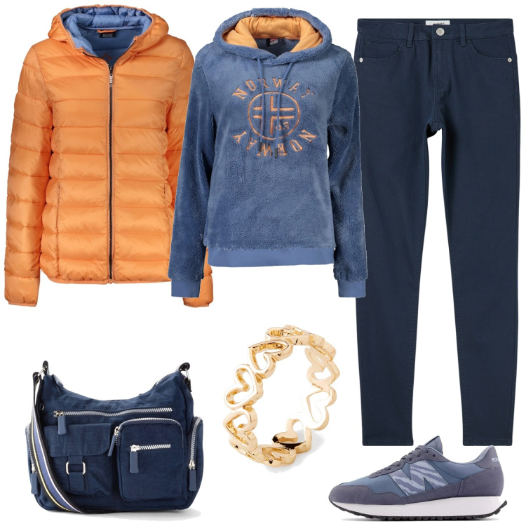 Outfit donna - Total look #2029245. Stile Urban per Tutti i giorni. Abbinamento con borse a tracolla, anelli, pantaloni skinny, sneakers, blazer, felpe con cappuccio.