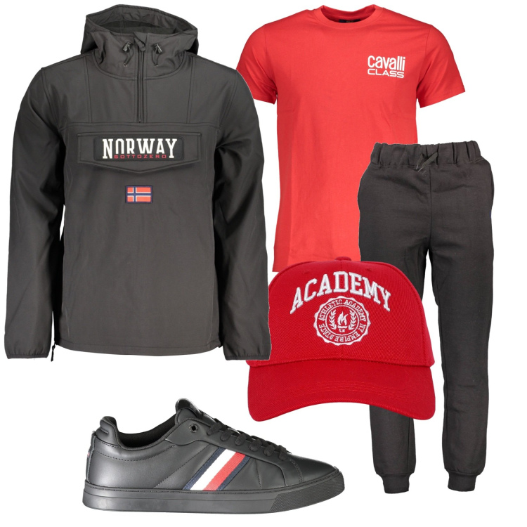 Outfit uomo - Total look #2029250. Stile Urban per Tutti i giorni. Abbinamento con cappelli, pantaloni, t-shirt, sneakers, giacche sportive.